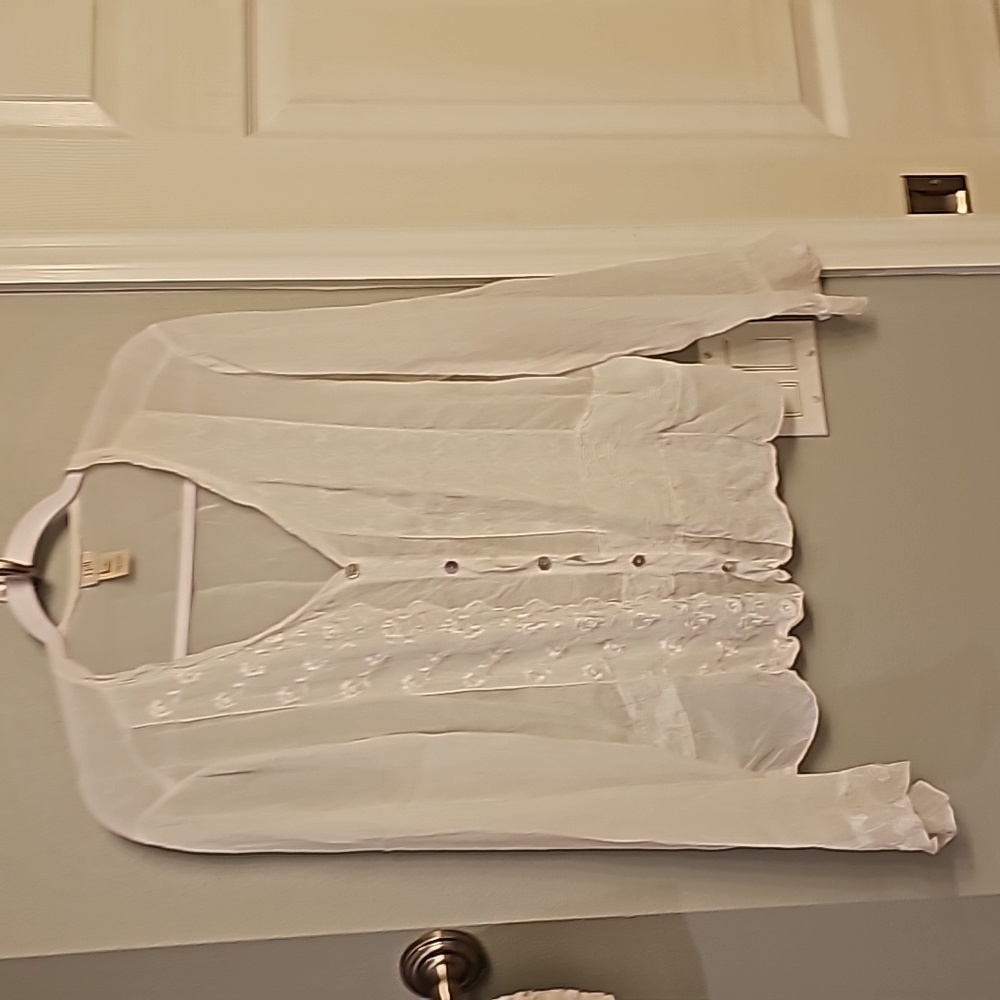 J Jill size med.  Semi sheer lacy button down long sleeve top.